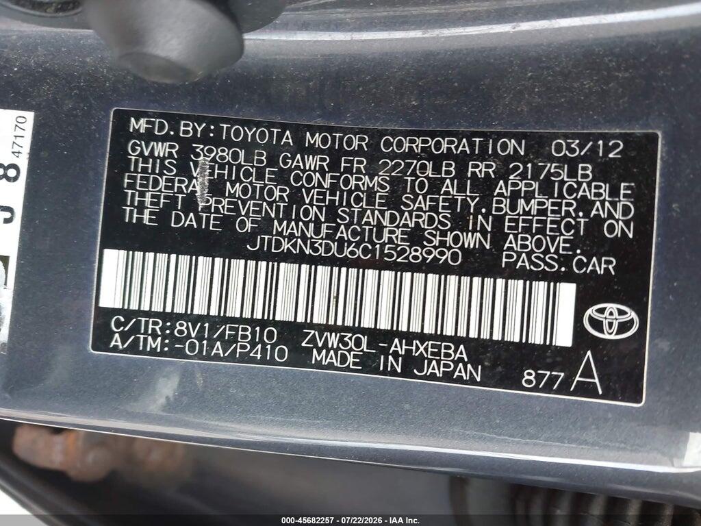 JTDKN3DU6C1528990 2012 TOYOTA PRIUS photo no. 9
