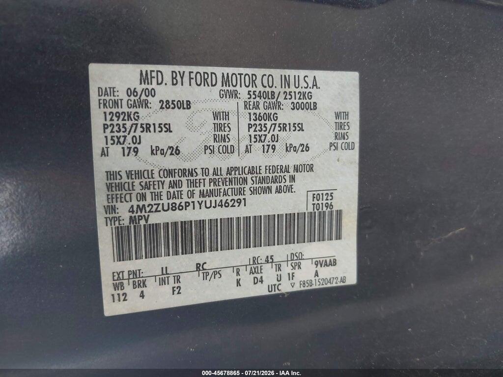4M2ZU86P1YUJ46291 2000 MERCURY MOUNTAINEER photo no. 9