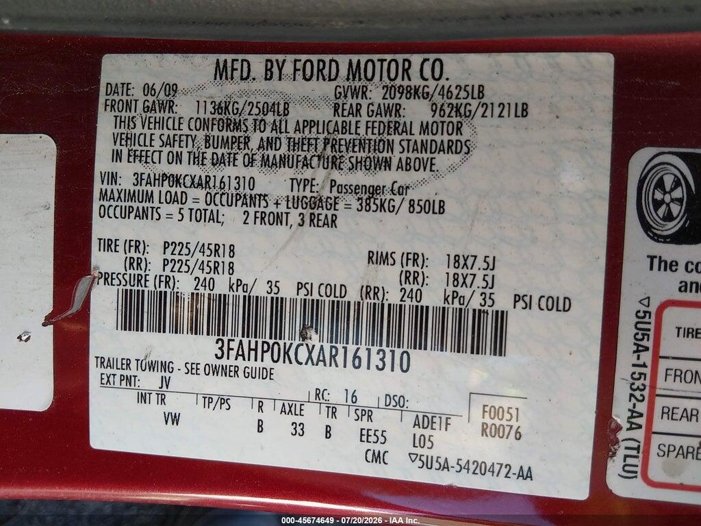 3FAHP0KCXAR161310 2010 FORD FUSION photo no. 9