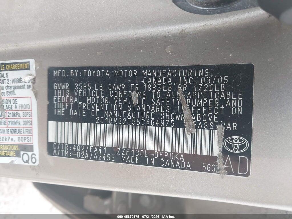 2T1BR32E95C464975 2005 TOYOTA COROLLA photo no. 9