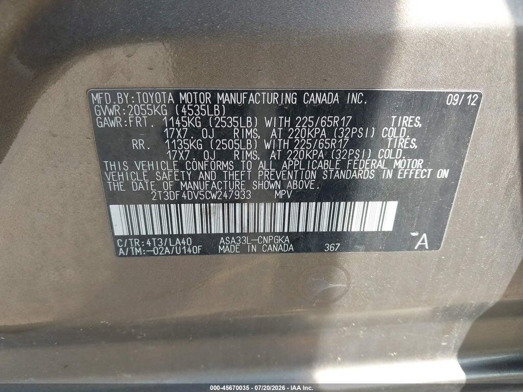 2T3DF4DV5CW247933 2012 TOYOTA RAV4 photo no. 9