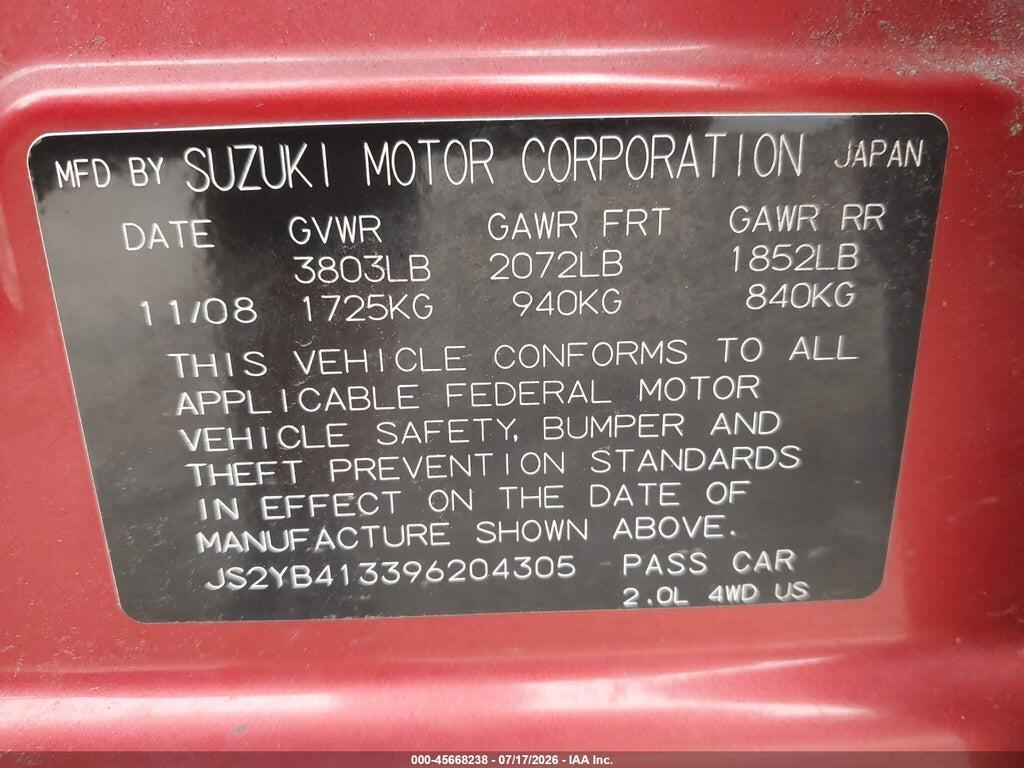 JS2YB413396204305 2009 SUZUKI SX4 photo no. 9