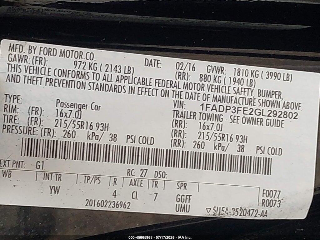 1FADP3FE2GL292802 2016 FORD FOCUS photo no. 9
