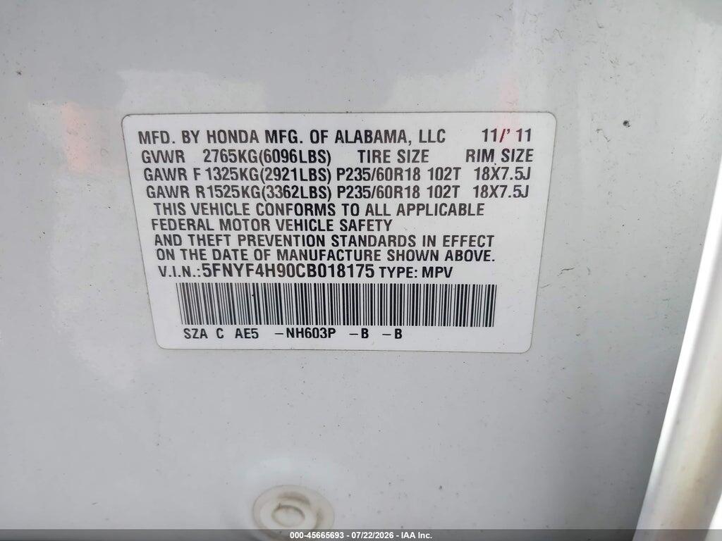 5FNYF4H90CB018175 2012 HONDA PILOT photo no. 9