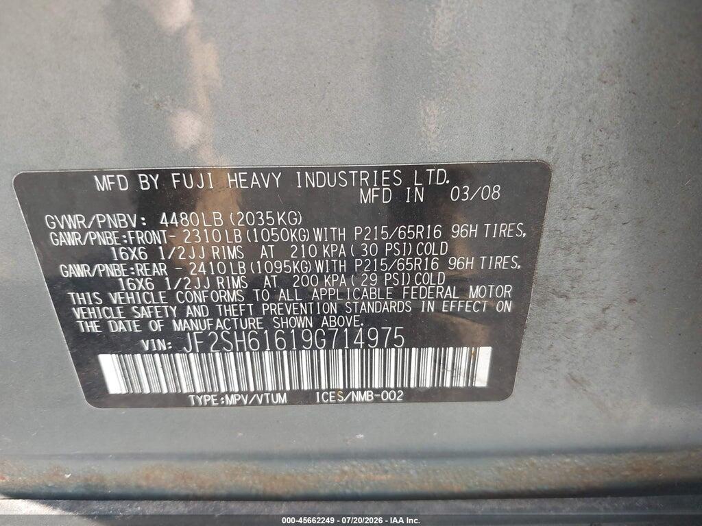 JF2SH61619G714975 2009 SUBARU FORESTER photo no. 9