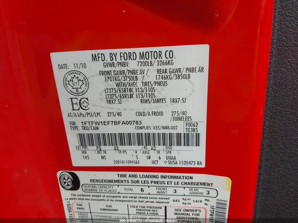 1FTFW1EF7BFA00783 2011 FORD F-150 photo no. 9