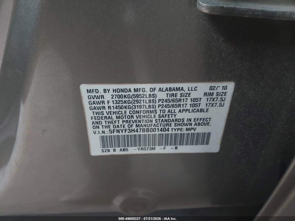 5FNYF3H47BB001404 2011 HONDA PILOT photo no. 9