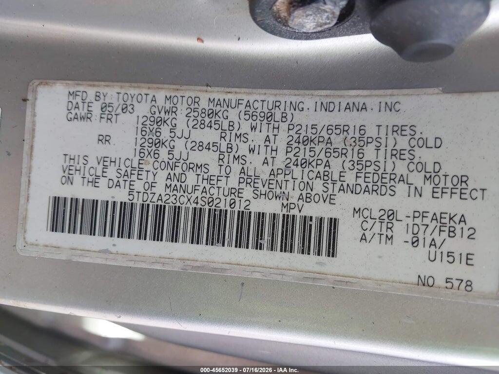 5TDZA23CX4S021012 2004 TOYOTA SIENNA photo no. 9