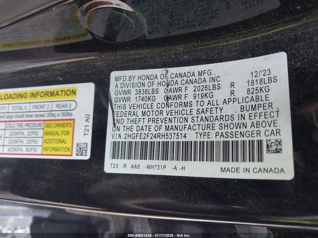 2HGFE2F24RH537514 2024 HONDA CIVIC photo no. 9