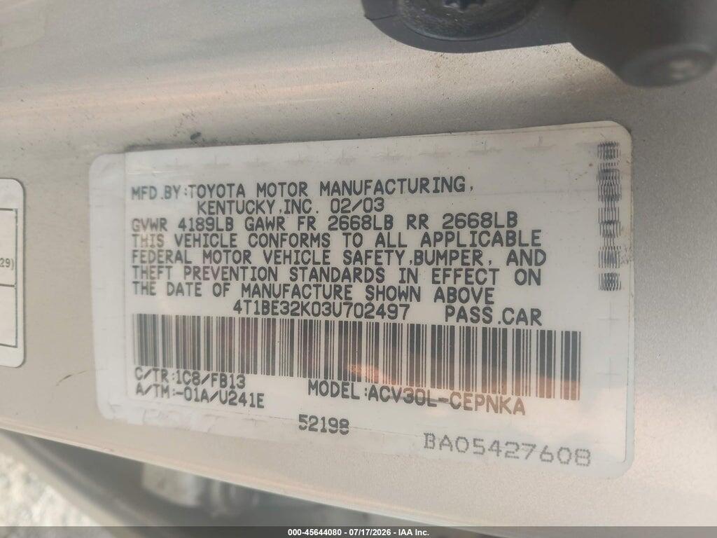4T1BE32K03U702497 2003 TOYOTA CAMRY photo no. 9
