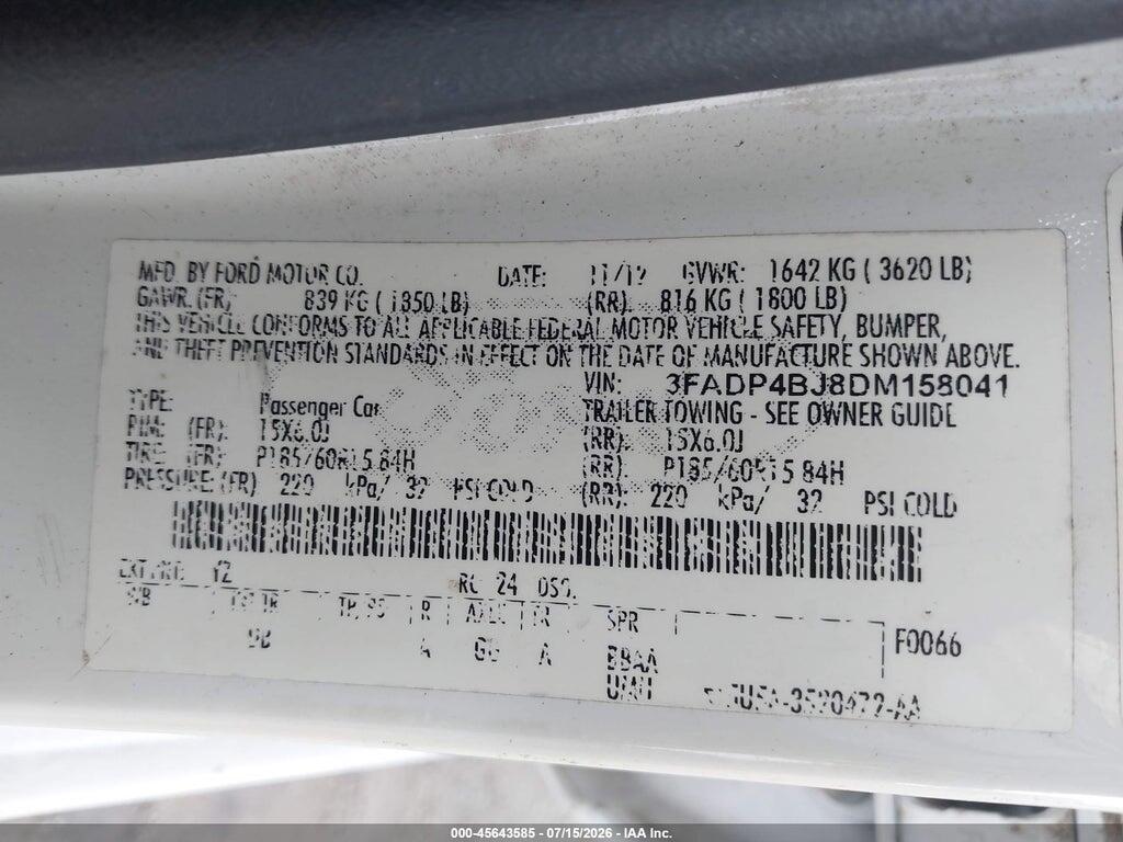 3FADP4BJ8DM158041 2013 FORD FIESTA photo no. 9