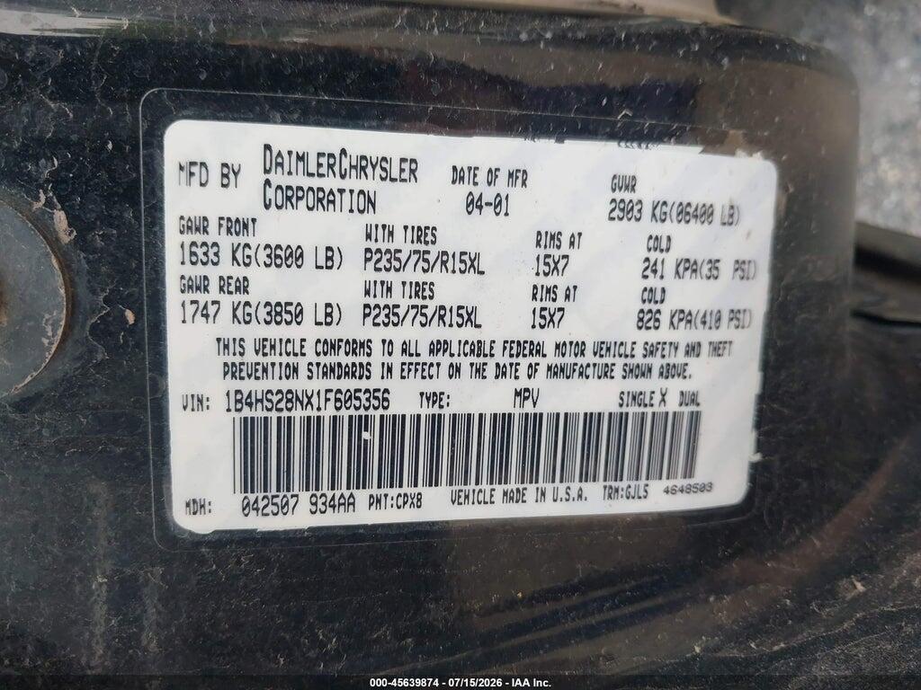 1B4HS28NX1F605356 2001 DODGE DURANGO photo no. 9