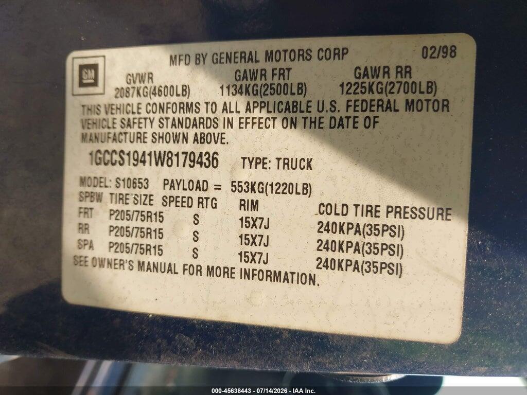 1GCCS1941W8179436 1998 CHEVROLET S-10 photo no. 9
