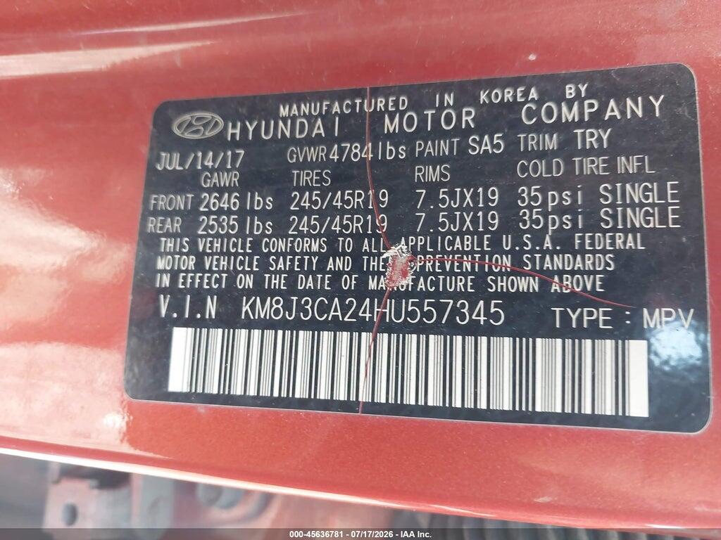 KM8J3CA24HU557345 2017 HYUNDAI TUCSON photo no. 9