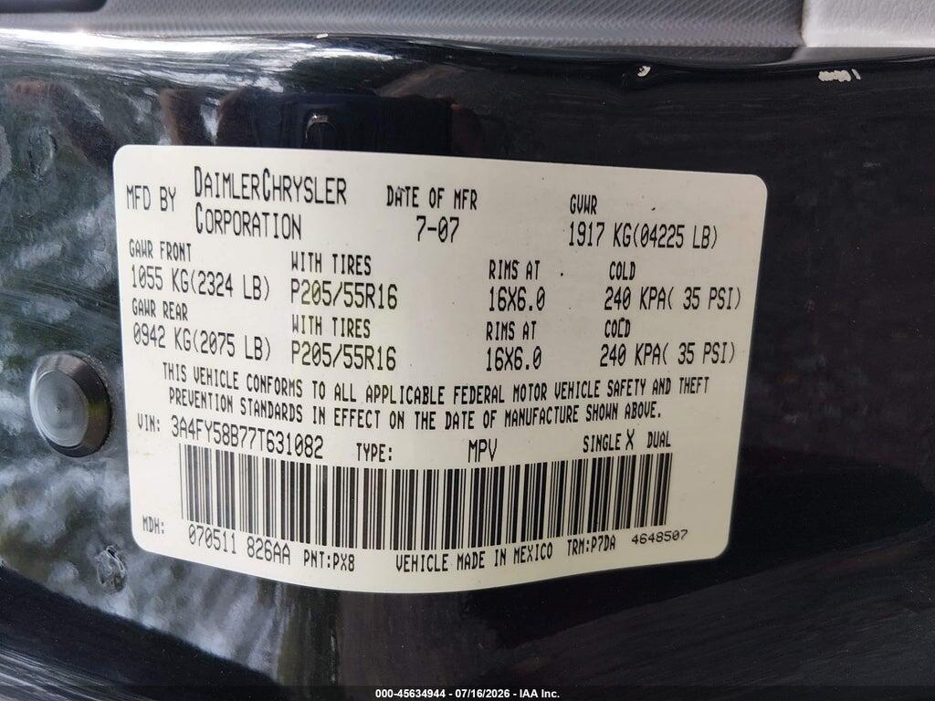 3A4FY58B77T631082 2007 CHRYSLER PT CRUISER photo no. 9