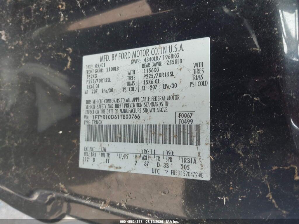 1FTYR10D61TB00766 2001 FORD RANGER photo no. 9