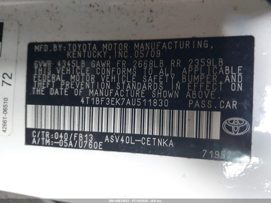 4T1BF3EK7AU511830 2010 TOYOTA CAMRY photo no. 9