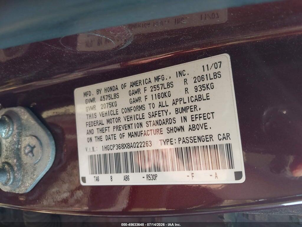 1HGCP368X8A022263 2008 HONDA ACCORD photo no. 9