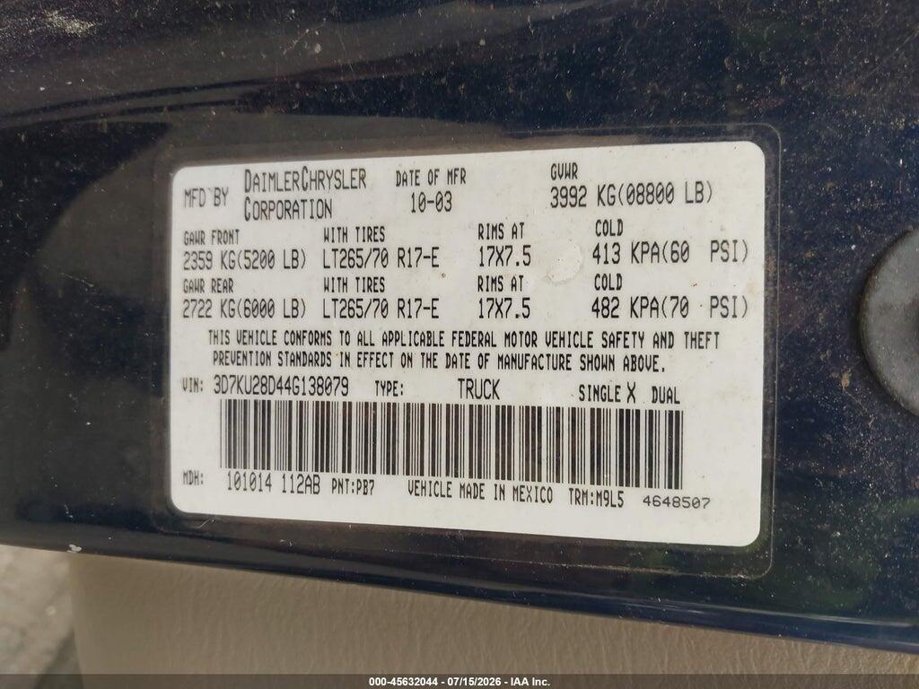 3D7KU28D44G138079 2004 DODGE RAM 2500 photo no. 9