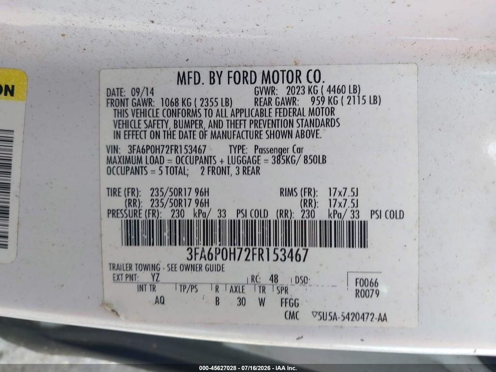 3FA6P0H72FR153467 2015 FORD FUSION photo no. 9