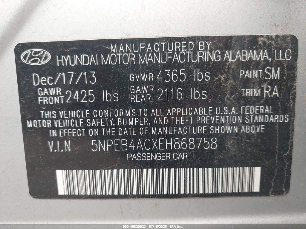 5NPEB4ACXEH868758 2014 HYUNDAI SONATA photo no. 9