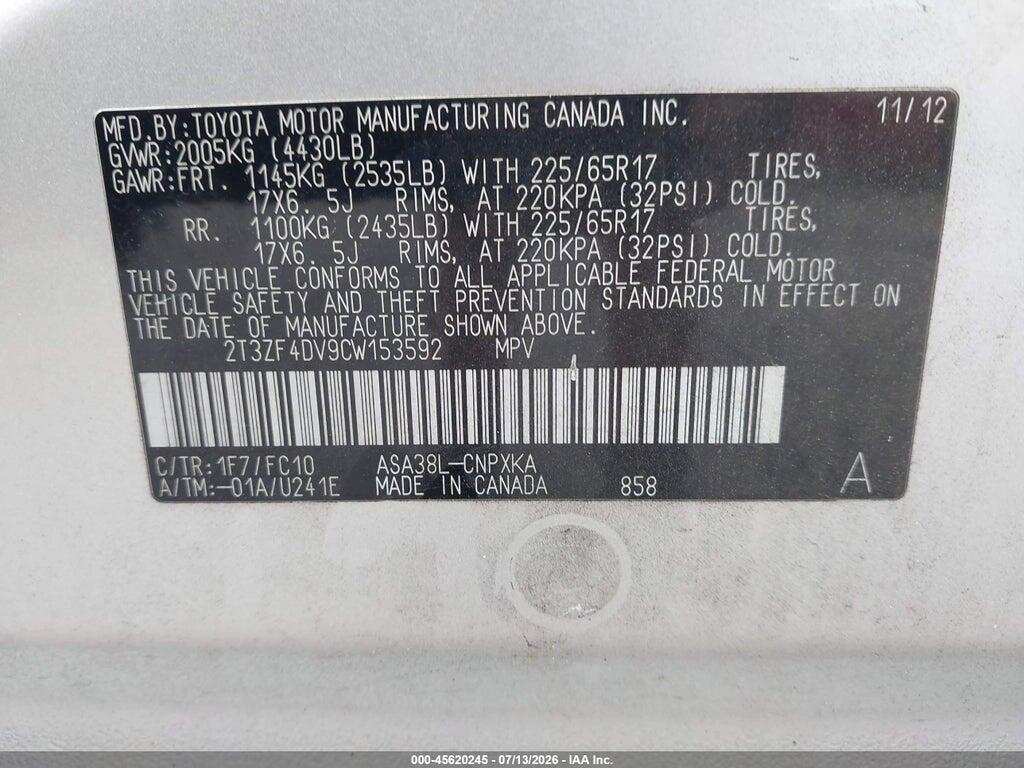 2T3ZF4DV9CW153592 2012 TOYOTA RAV4 photo no. 9