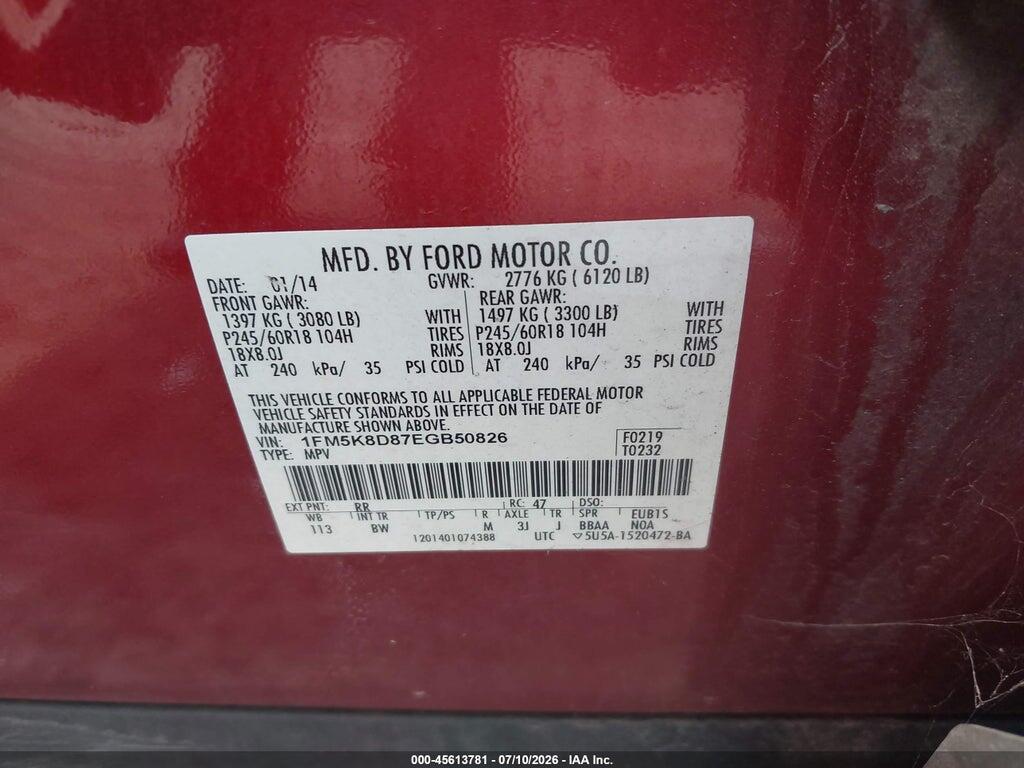 1FM5K8D87EGB50826 2014 FORD EXPLORER photo no. 9