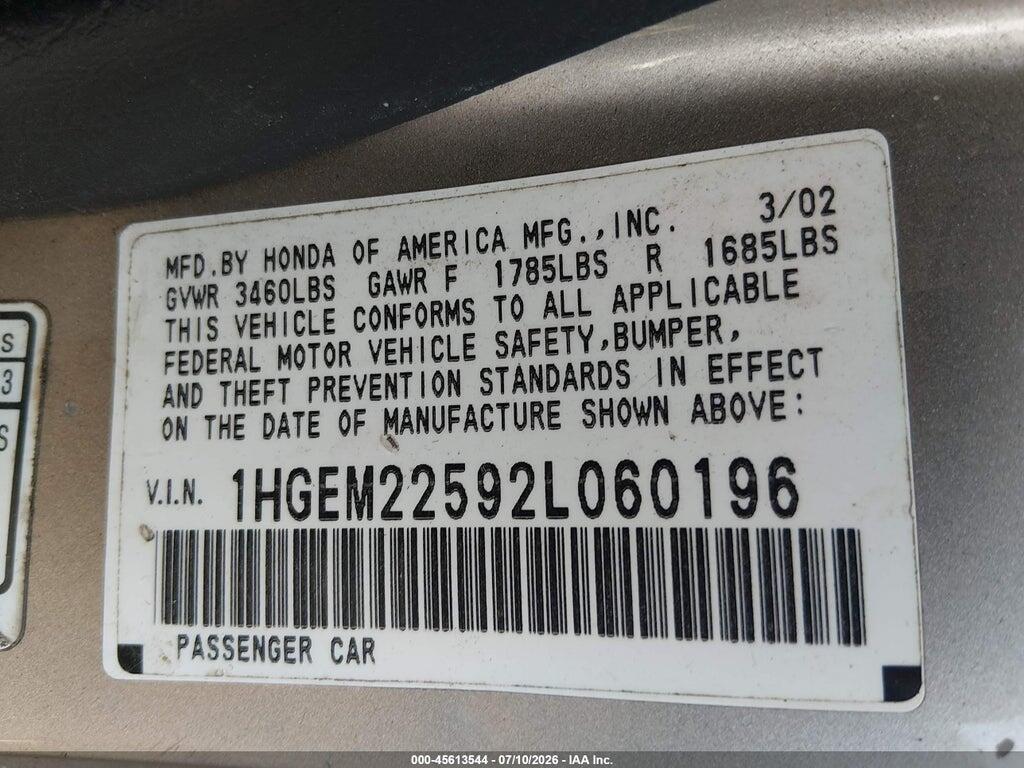 1HGEM22592L060196 2002 HONDA CIVIC photo no. 9