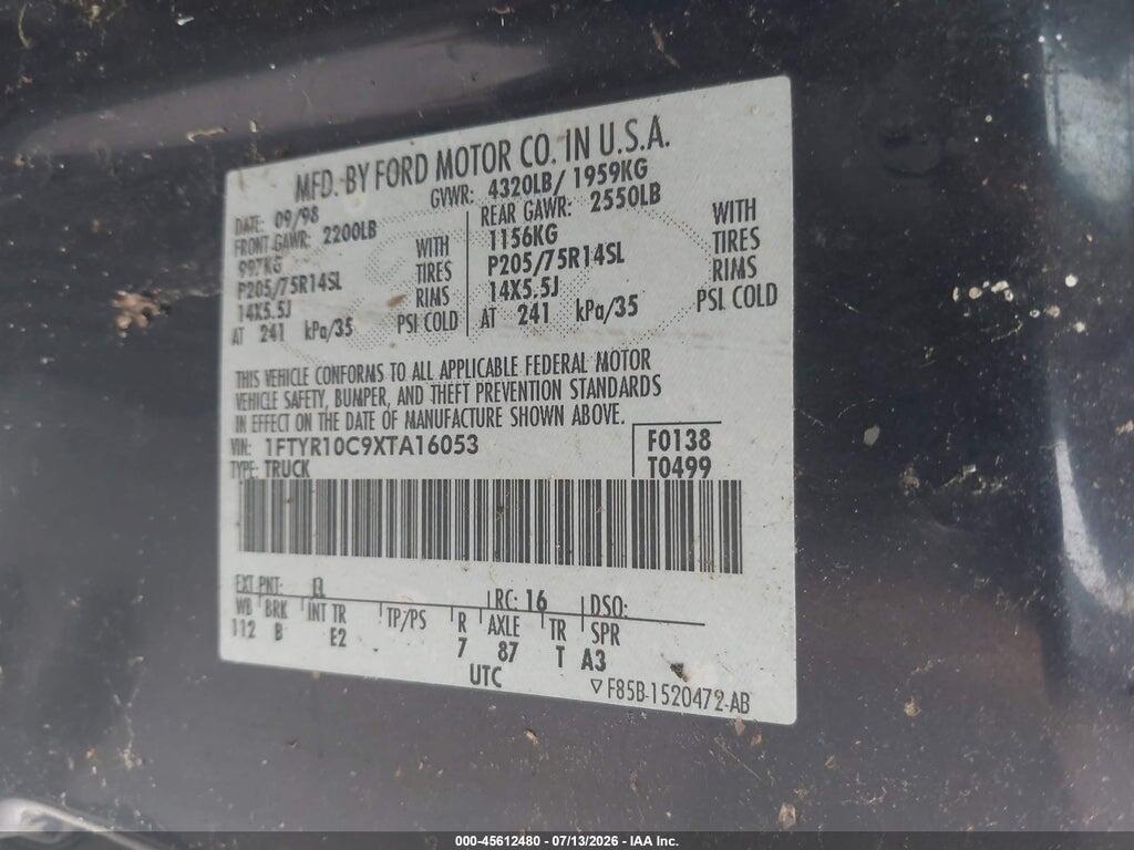 1FTYR10C9XTA16053 1999 FORD RANGER photo no. 9