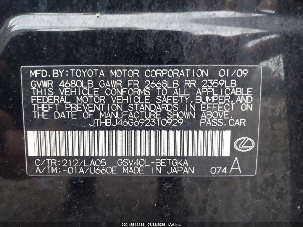 JTHBJ46G692310929 2009 LEXUS ES 350 photo no. 9