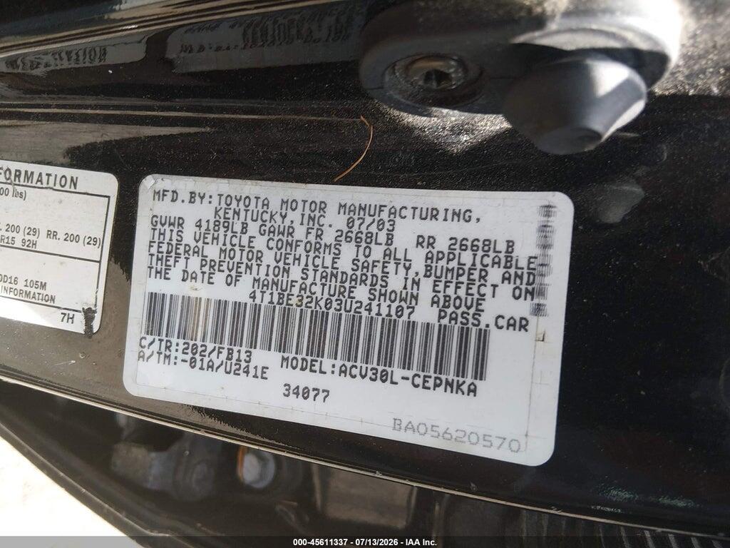 4T1BE32K03U241107 2003 TOYOTA CAMRY photo no. 9