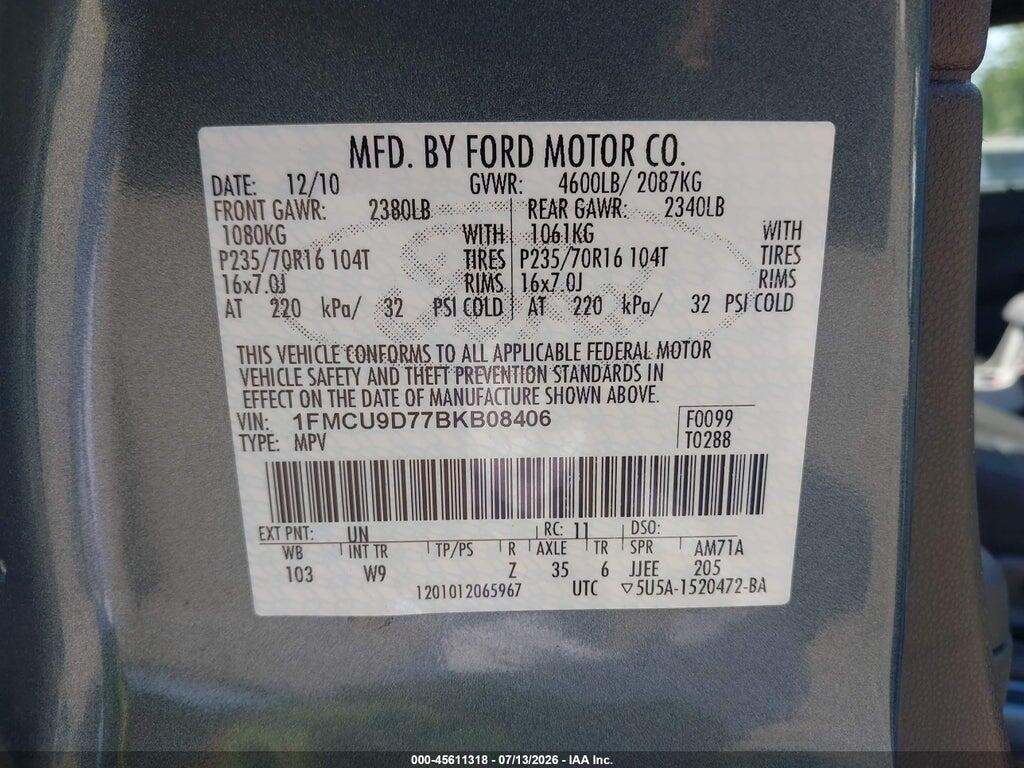 1FMCU9D77BKB08406 2011 FORD ESCAPE photo no. 9