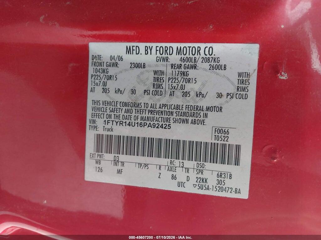 1FTYR14U16PA92425 2006 FORD RANGER photo no. 9