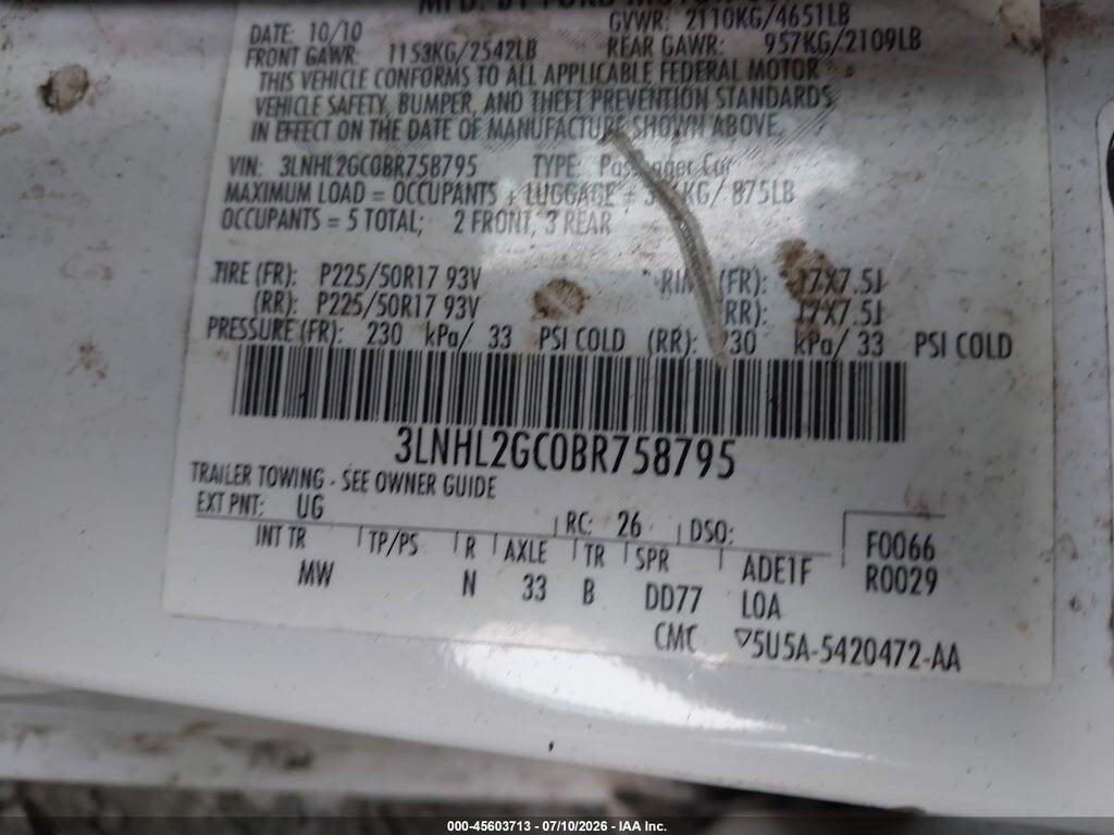 3LNHL2GC0BR758795 2011 LINCOLN MKZ photo no. 9