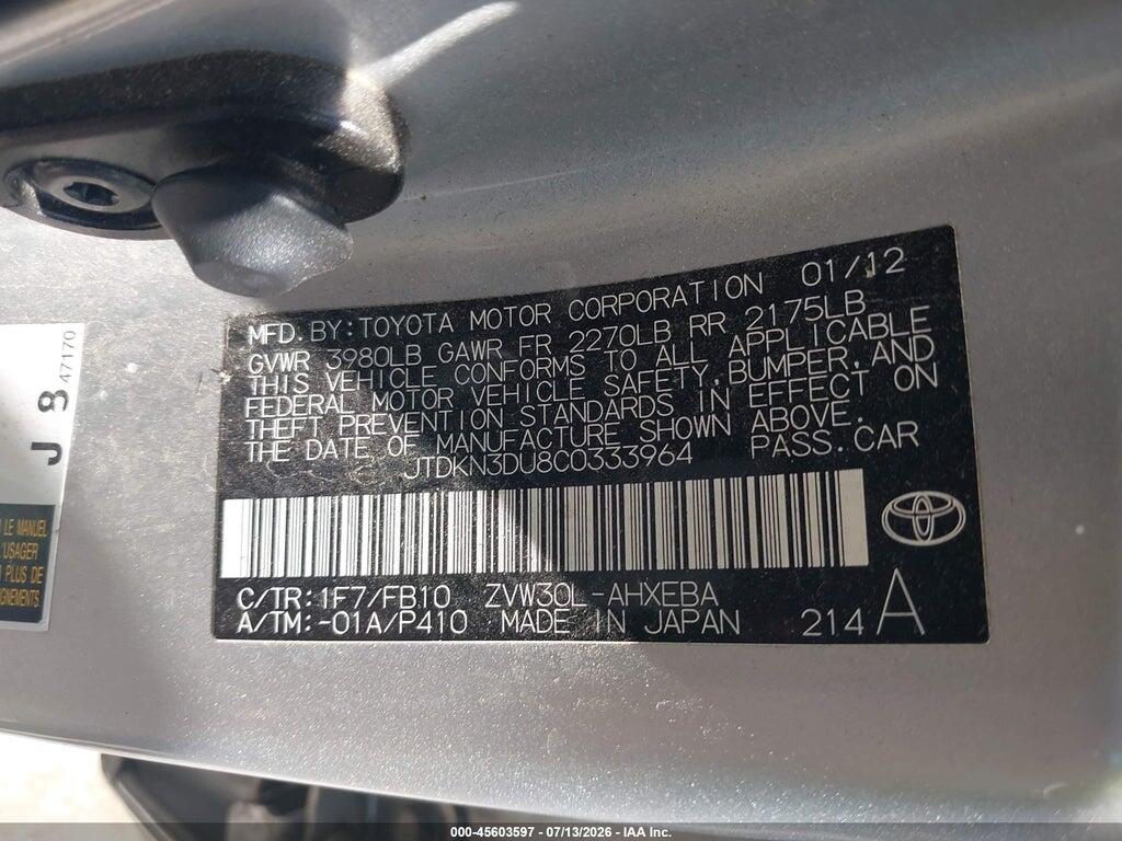 JTDKN3DU8C0333964 2012 TOYOTA PRIUS photo no. 9