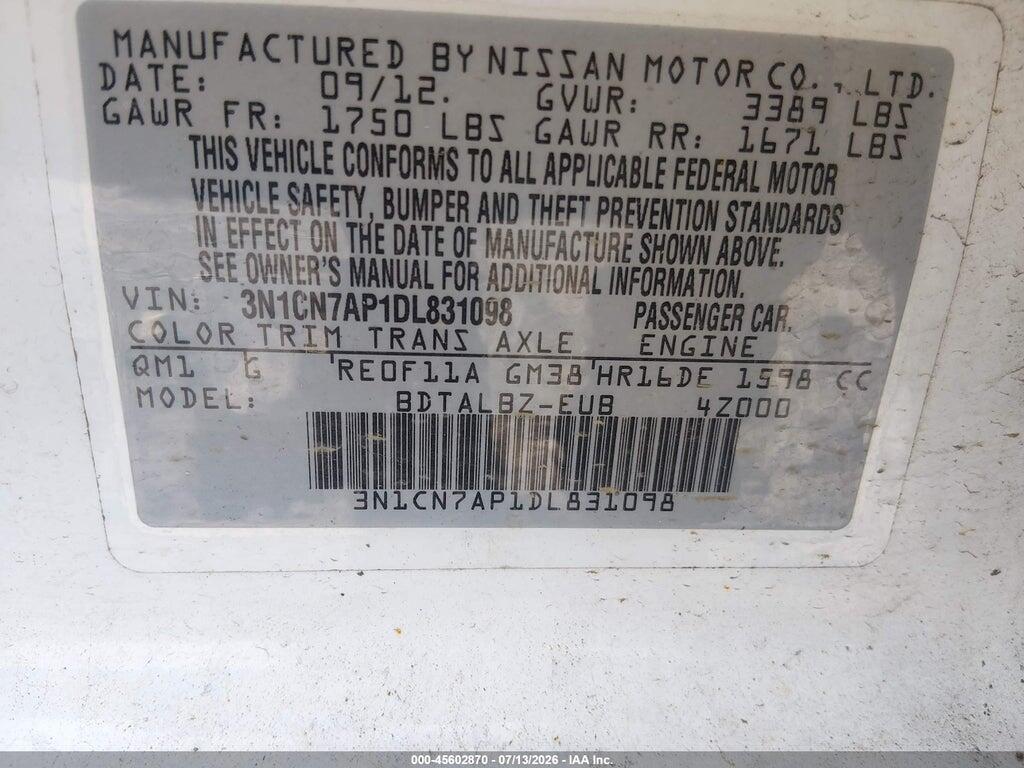 3N1CN7AP1DL831098 2013 NISSAN VERSA photo no. 9