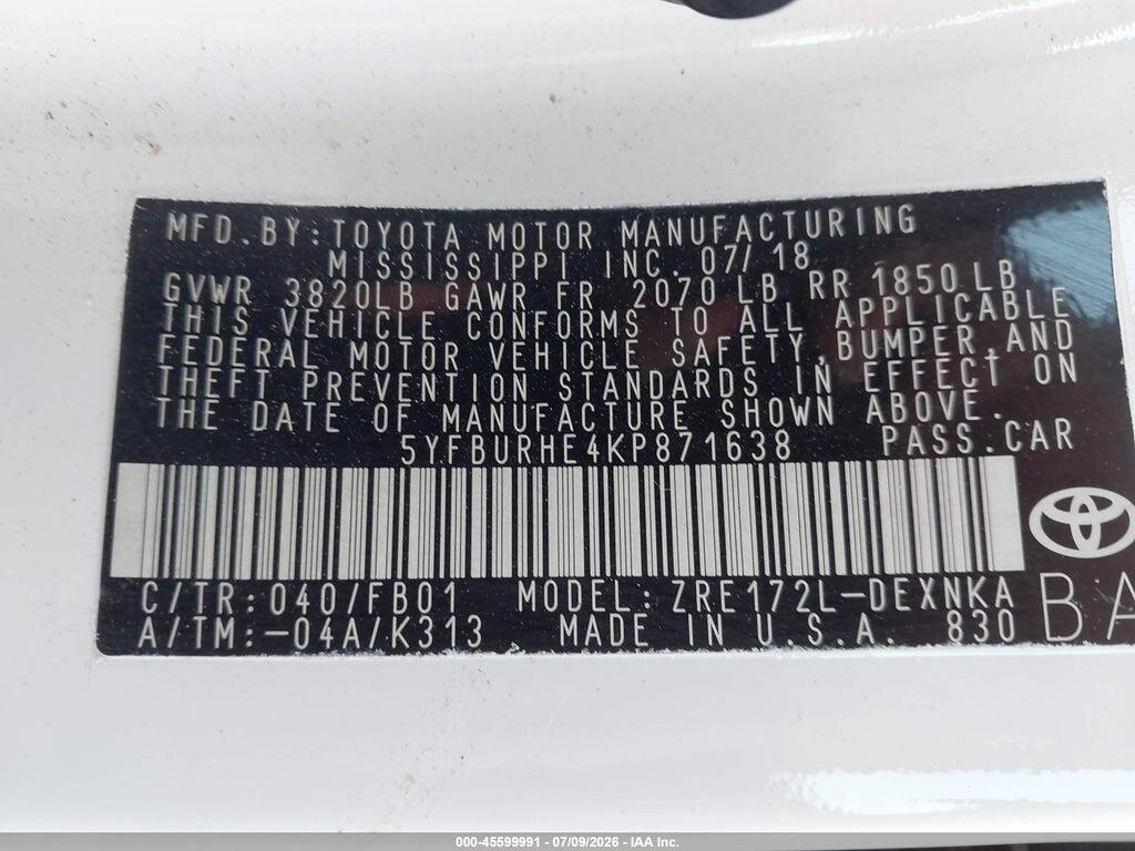 5YFBURHE4KP871638 2019 TOYOTA COROLLA photo no. 9