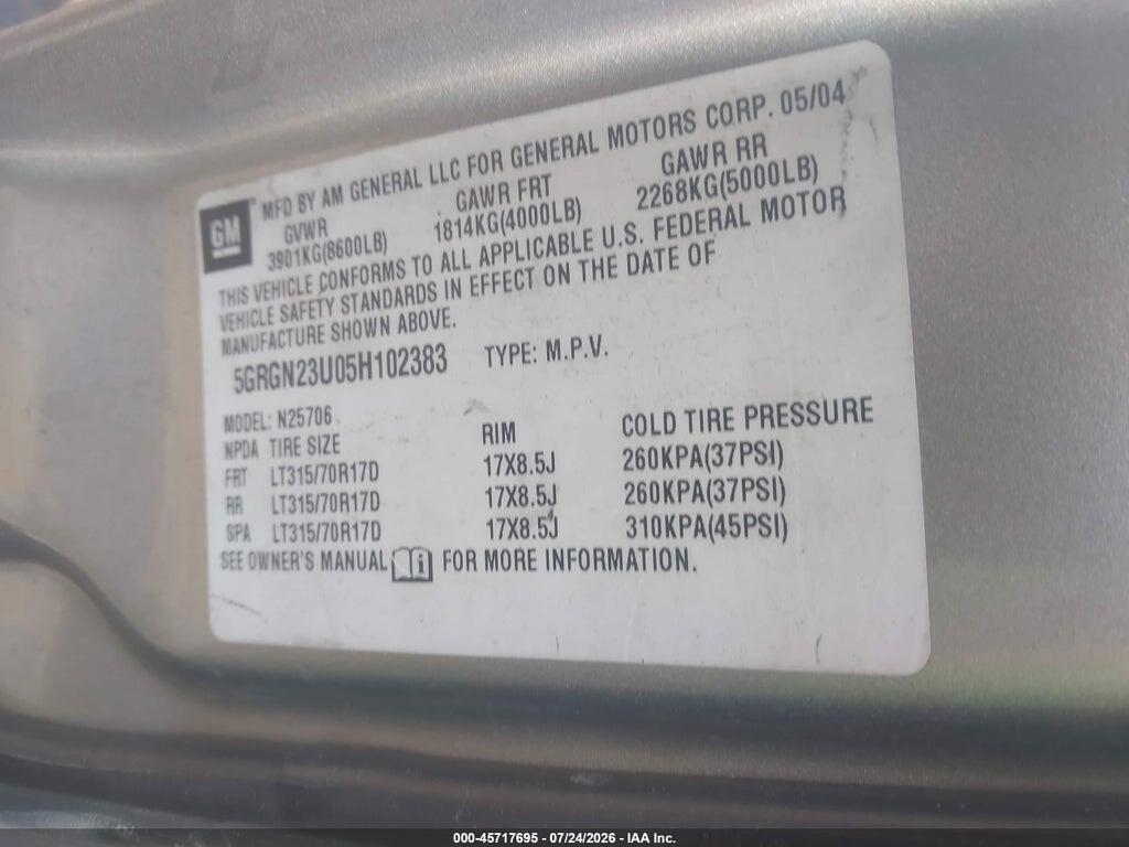 5GRGN23U05H102383 2005 HUMMER H2 SUV photo no. 9