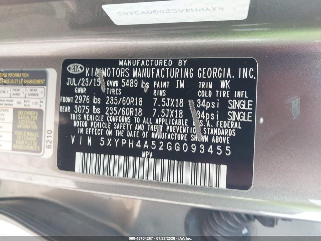 5XYPH4A52GG093455 2016 KIA SORENTO photo no. 9