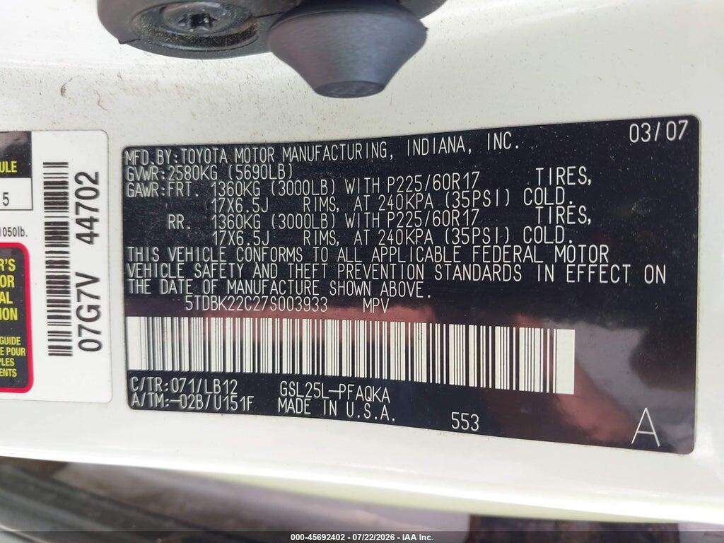 5TDBK22C27S003933 2007 TOYOTA SIENNA photo no. 9