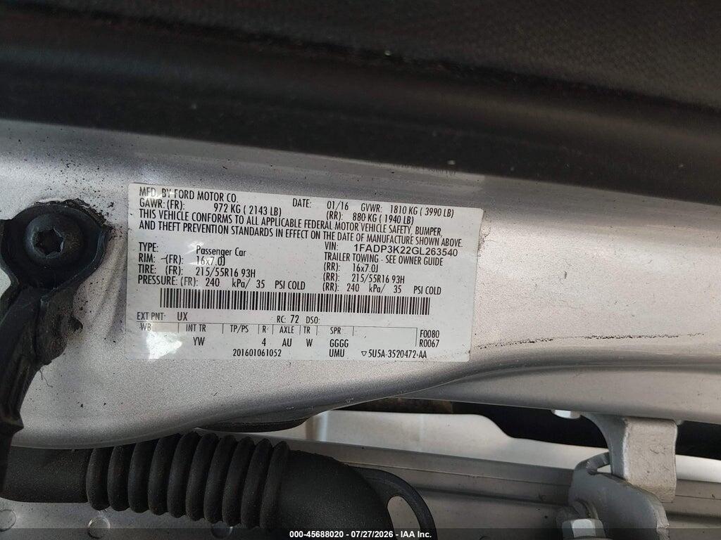 1FADP3K22GL263540 2016 FORD FOCUS photo no. 9