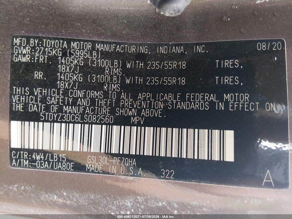 5TDYZ3DC6LS082560 2020 TOYOTA SIENNA photo no. 9