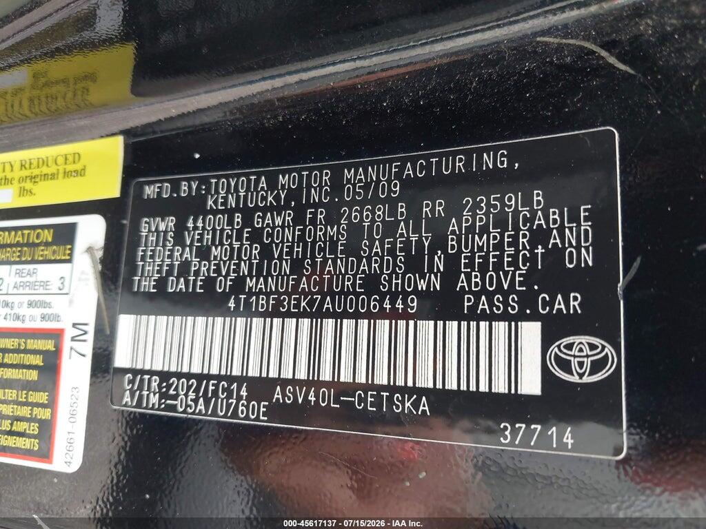 4T1BF3EK7AU006449 2010 TOYOTA CAMRY photo no. 9