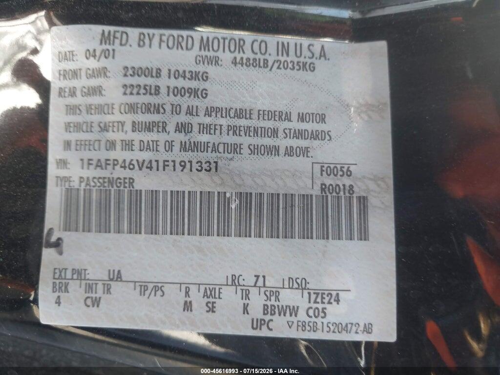 1FAFP46V41F191331 2001 FORD MUSTANG photo no. 9