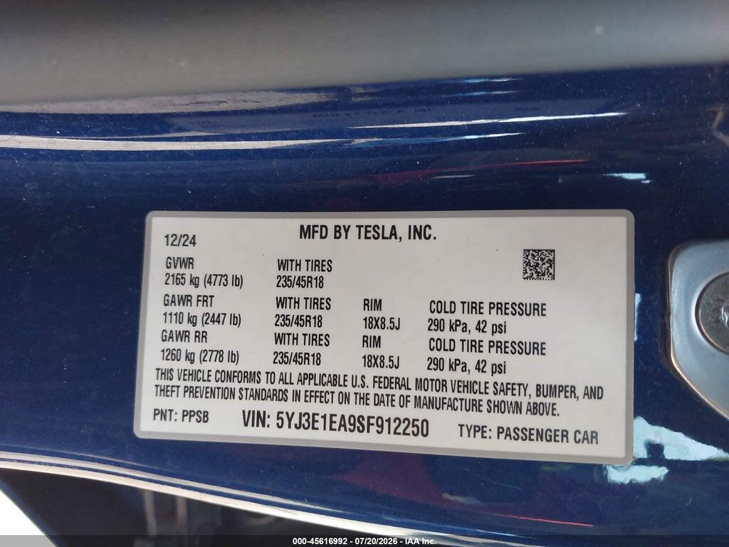 5YJ3E1EA9SF912250 2025 TESLA MODEL 3 photo no. 9