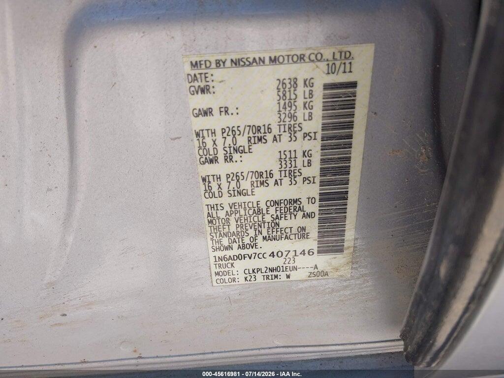 1N6AD0FV7CC407146 2012 NISSAN FRONTIER photo no. 9