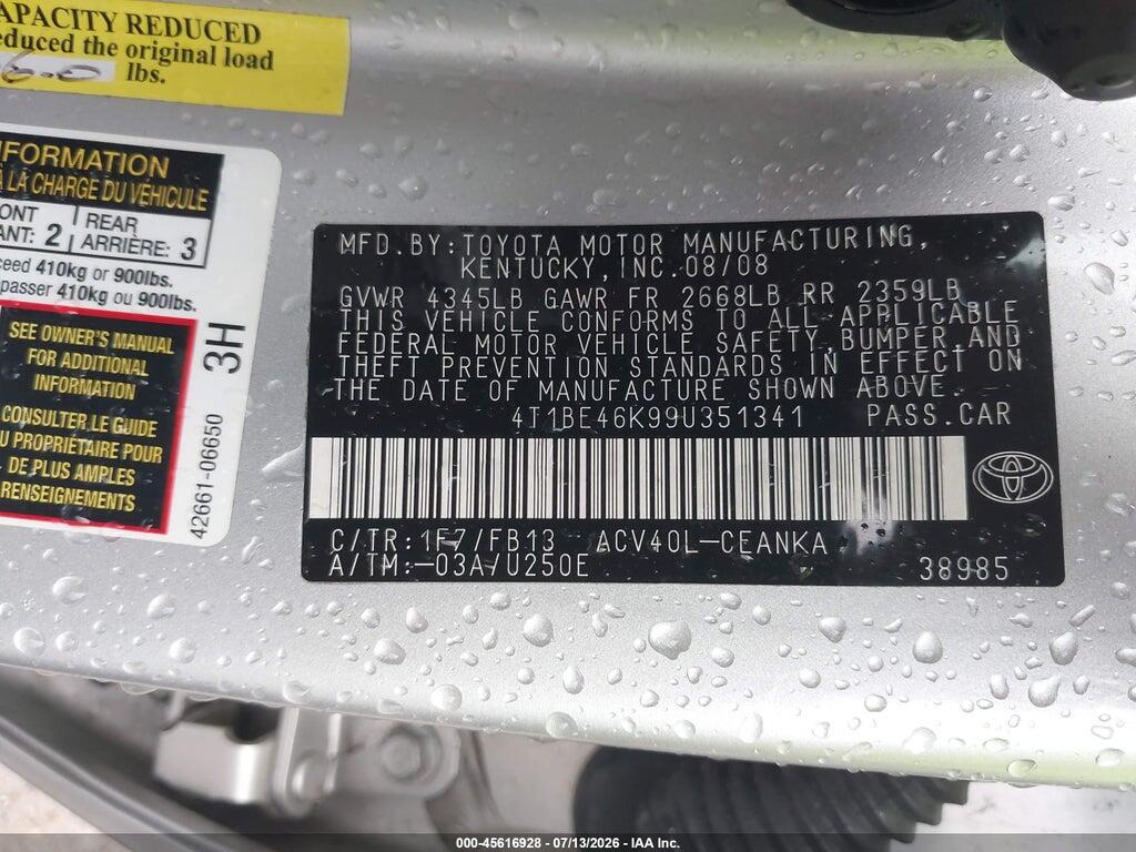 4T1BE46K99U351341 2009 TOYOTA CAMRY photo no. 9