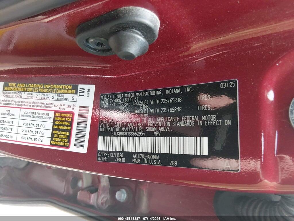 5TDKBRCH1SS662954 2025 TOYOTA HIGHLANDER HYBRID photo no. 9