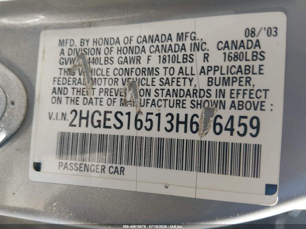 2HGES16513H616459 2003 HONDA CIVIC photo no. 9