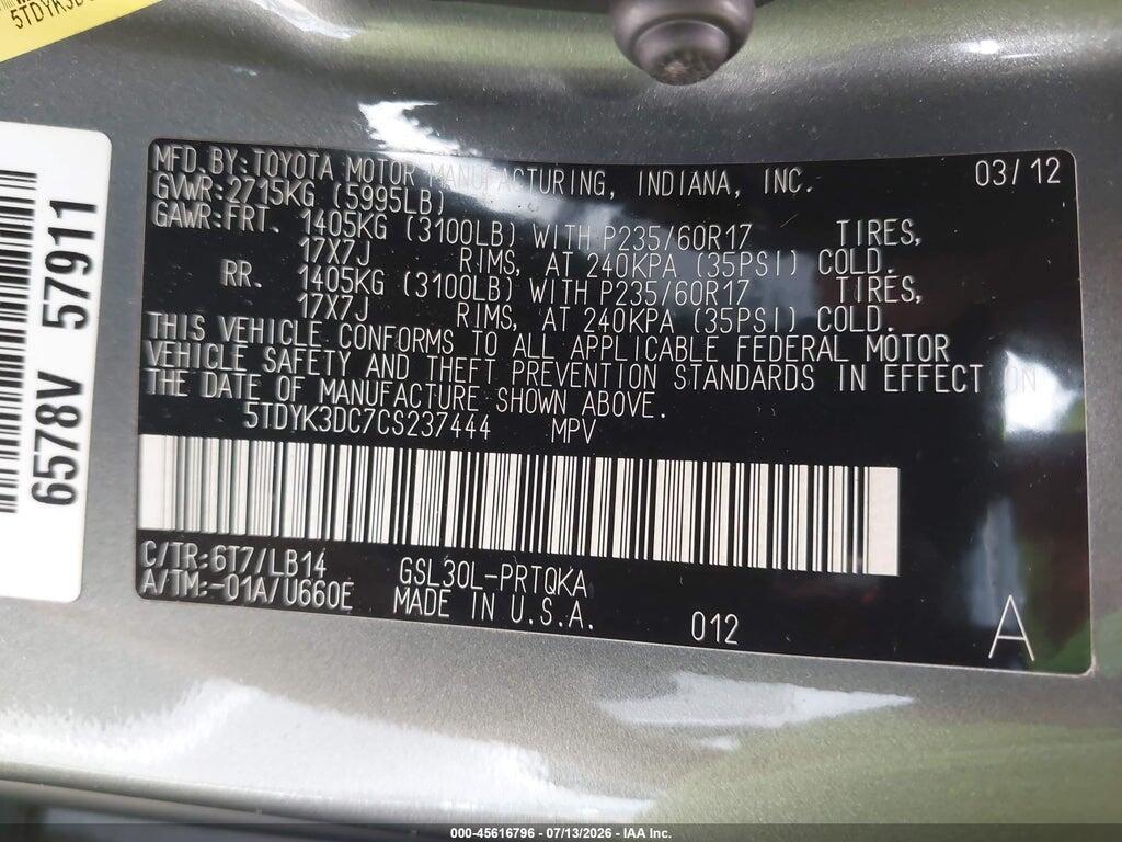 5TDYK3DC7CS237444 2012 TOYOTA SIENNA photo no. 9